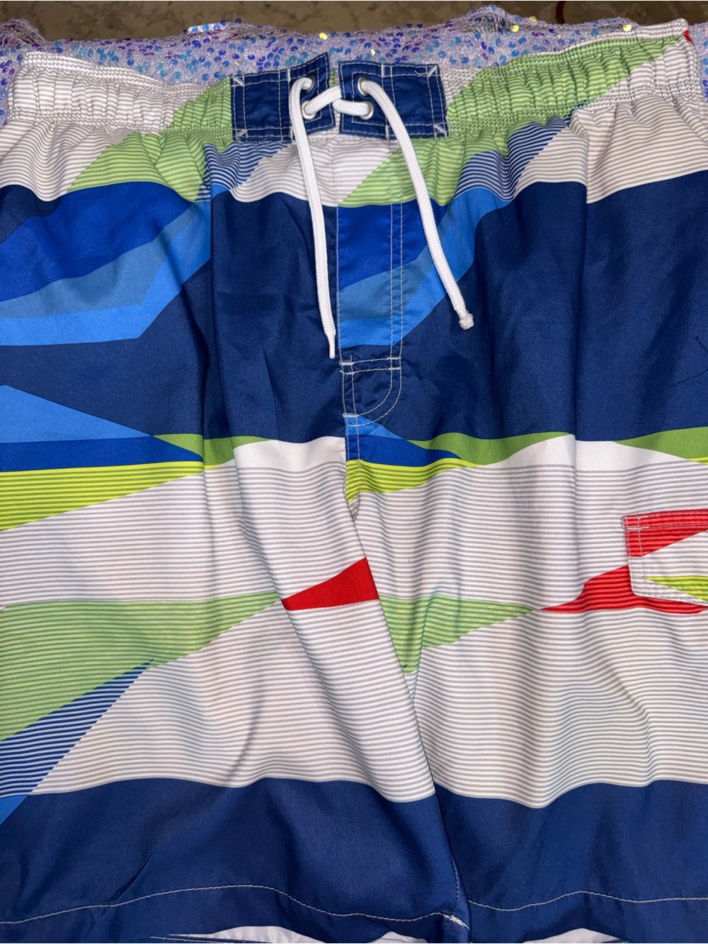 2923-Sonoma Navy, Blue & Green Striped Swim Shorts with Red Accent
